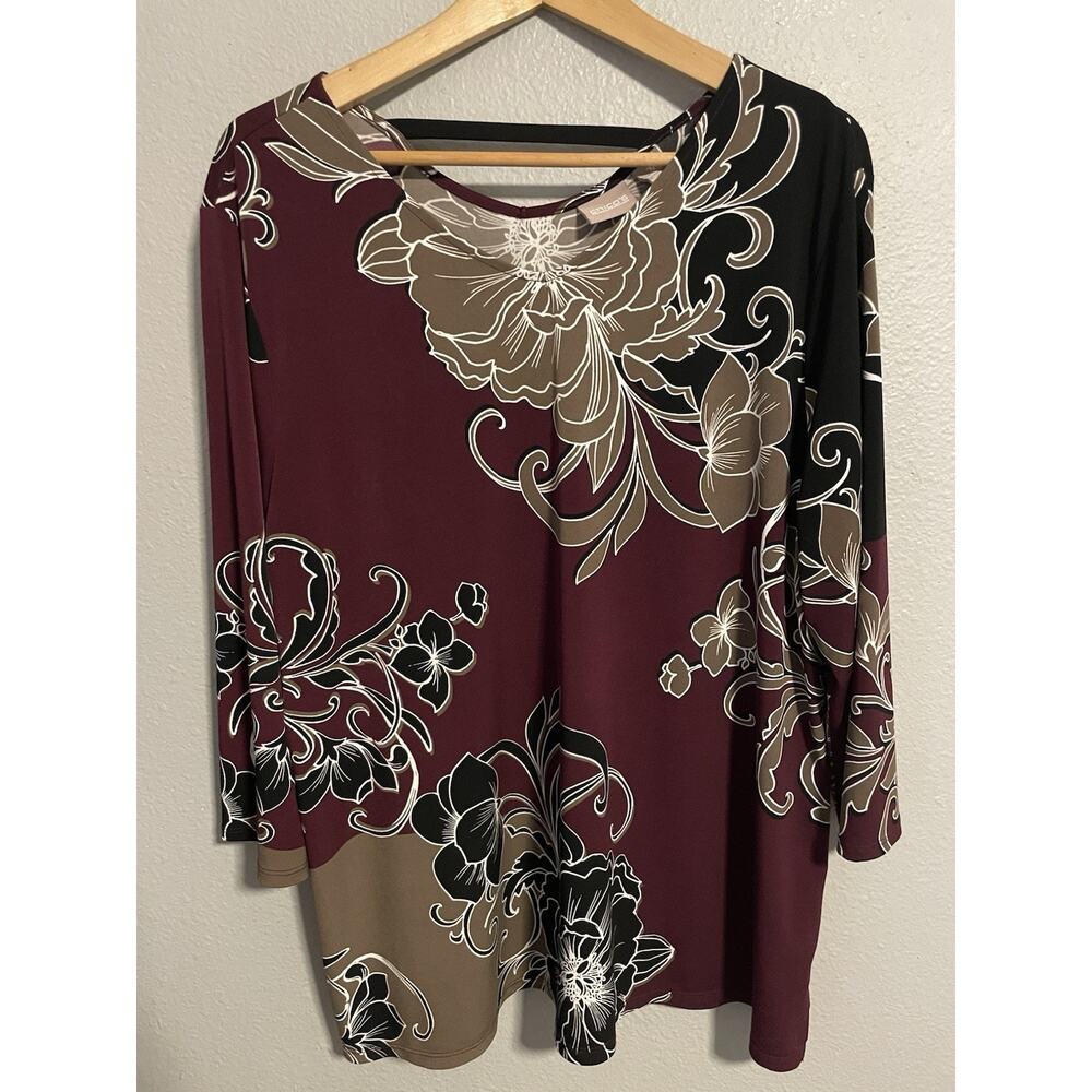 Chicos Womens Top Size 3 US XL Maroon Paisley Stretch 3/4 Sleeve Modern Artsy